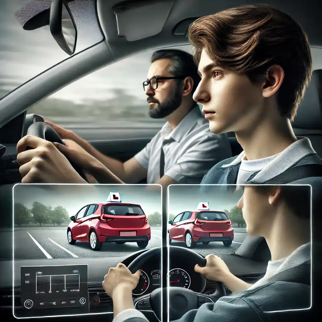 A young driver with brown hair and a bearded instructor sit in a car. The dashboard displays driving controls. Inset shows a red car with a learner sign on an open road, emphasizing learning to drive.