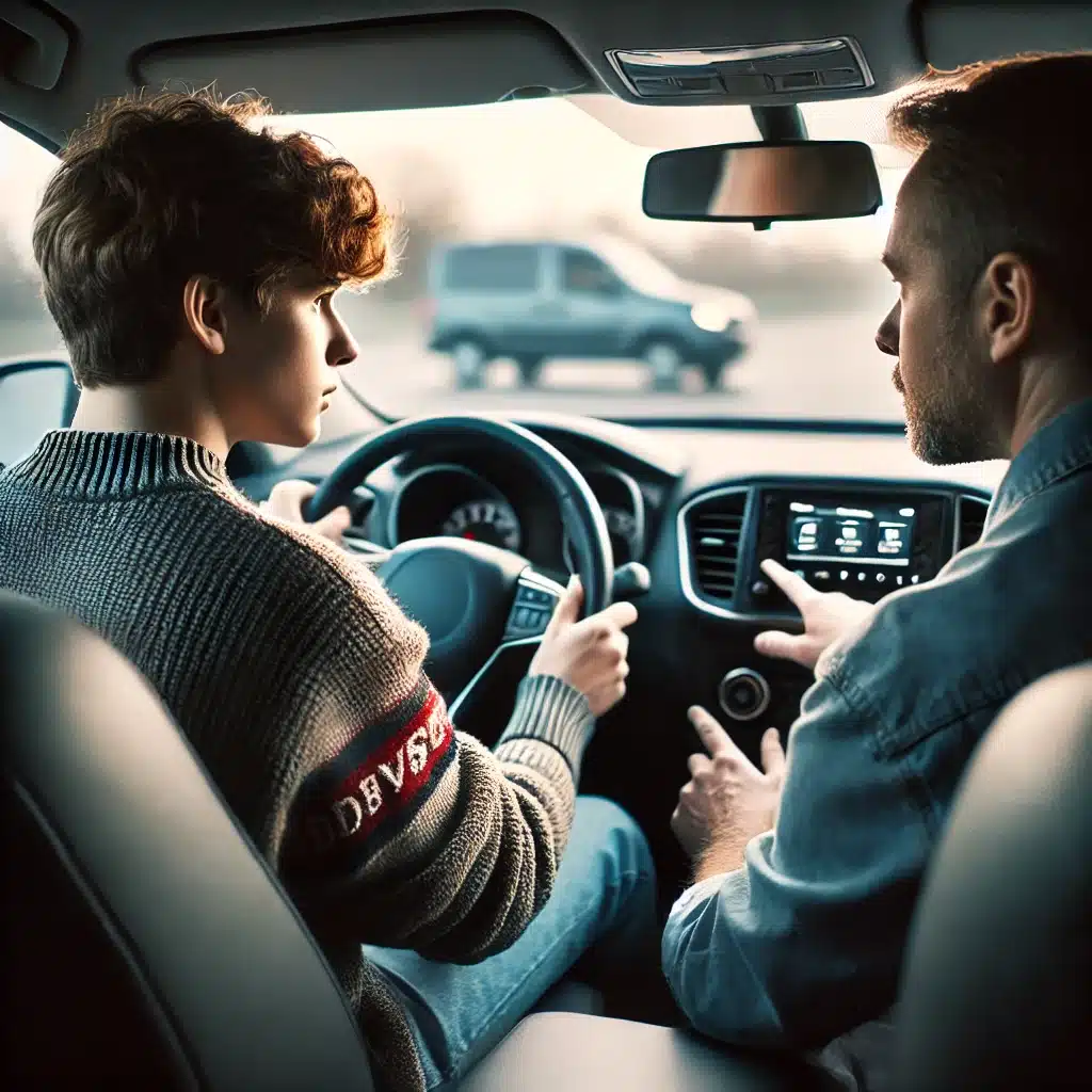 A young person is learning to drive, sitting in the driver's seat with hands on the wheel. An instructor sits beside them, pointing at the car's dashboard. The view is from the back seat, with a car visible through the windshield.