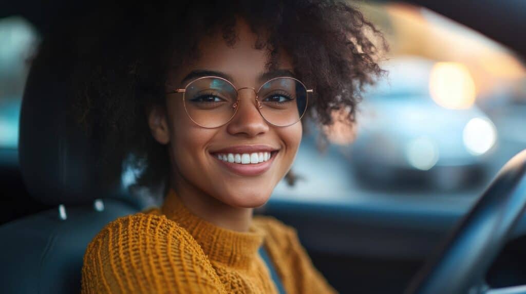 A person with curly hair and glasses smiles warmly while sitting in a car. They are wearing a mustard-colored sweater, and the background is softly blurred, indicating a street or parking area.