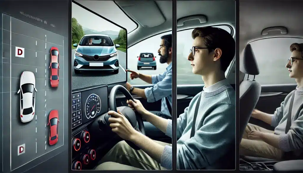 A young man in a car uses advanced driving technology with a touchscreen display. The screen shows vehicle diagnostics, maps, and an alert for a car in front. The interior is modern, with a digital interface and ergonomic design.