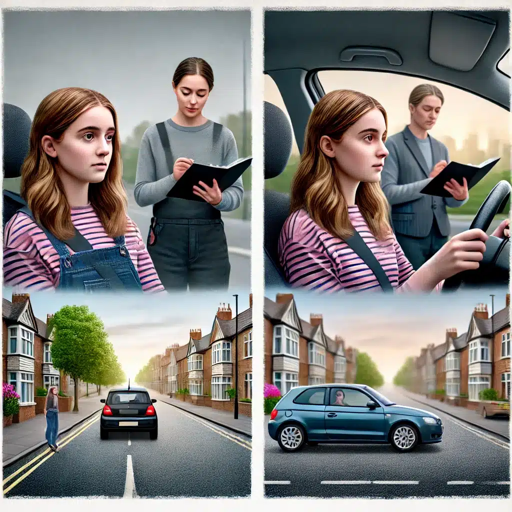 A young woman with brown hair takes a driving test. In the top left, she sits beside the instructor who holds a clipboard. On the right, she drives while the instructor takes notes. The bottom images show a pedestrian crossing as a car approaches.