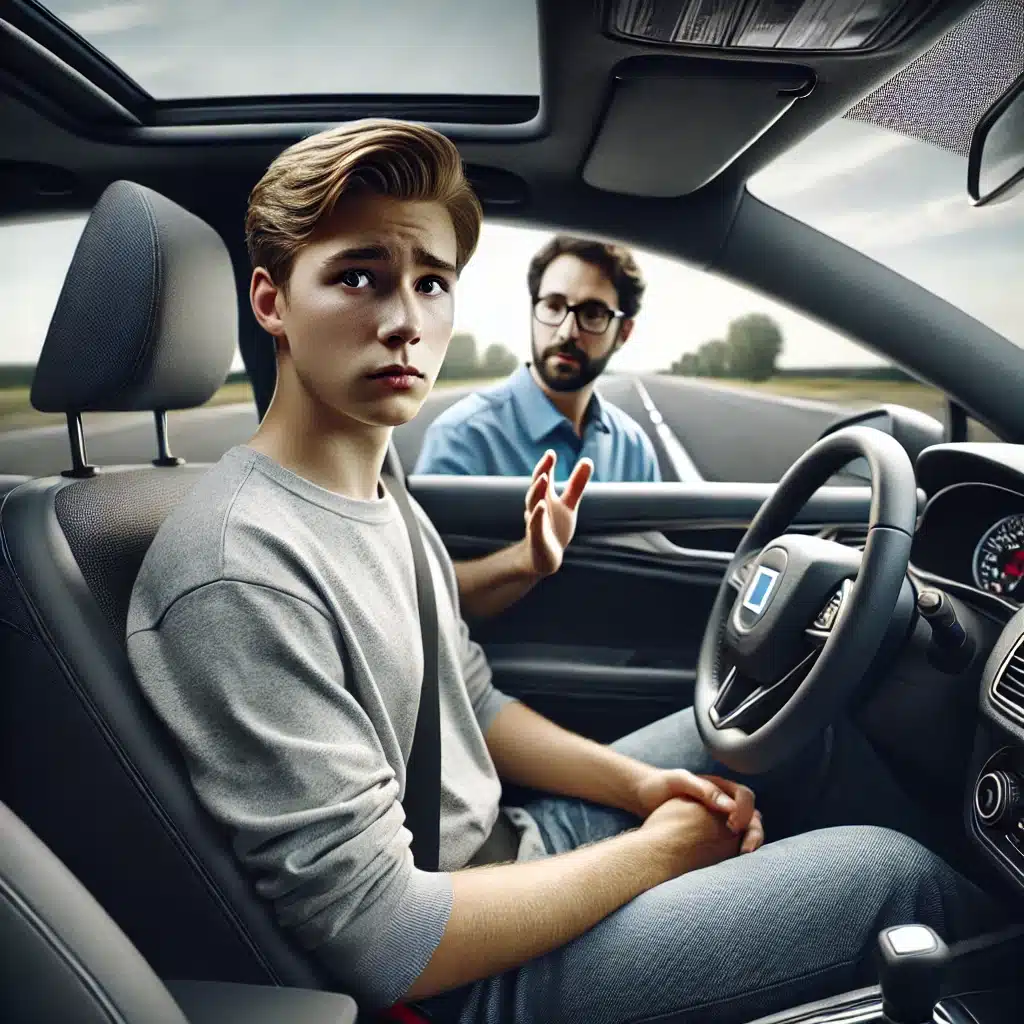 A young person with short blond hair sits in the driver’s seat of a car, looking anxious. An older person with dark hair and glasses leans over from the passenger seat, gesturing reassuringly. The car is on a road with green landscape visible outside.