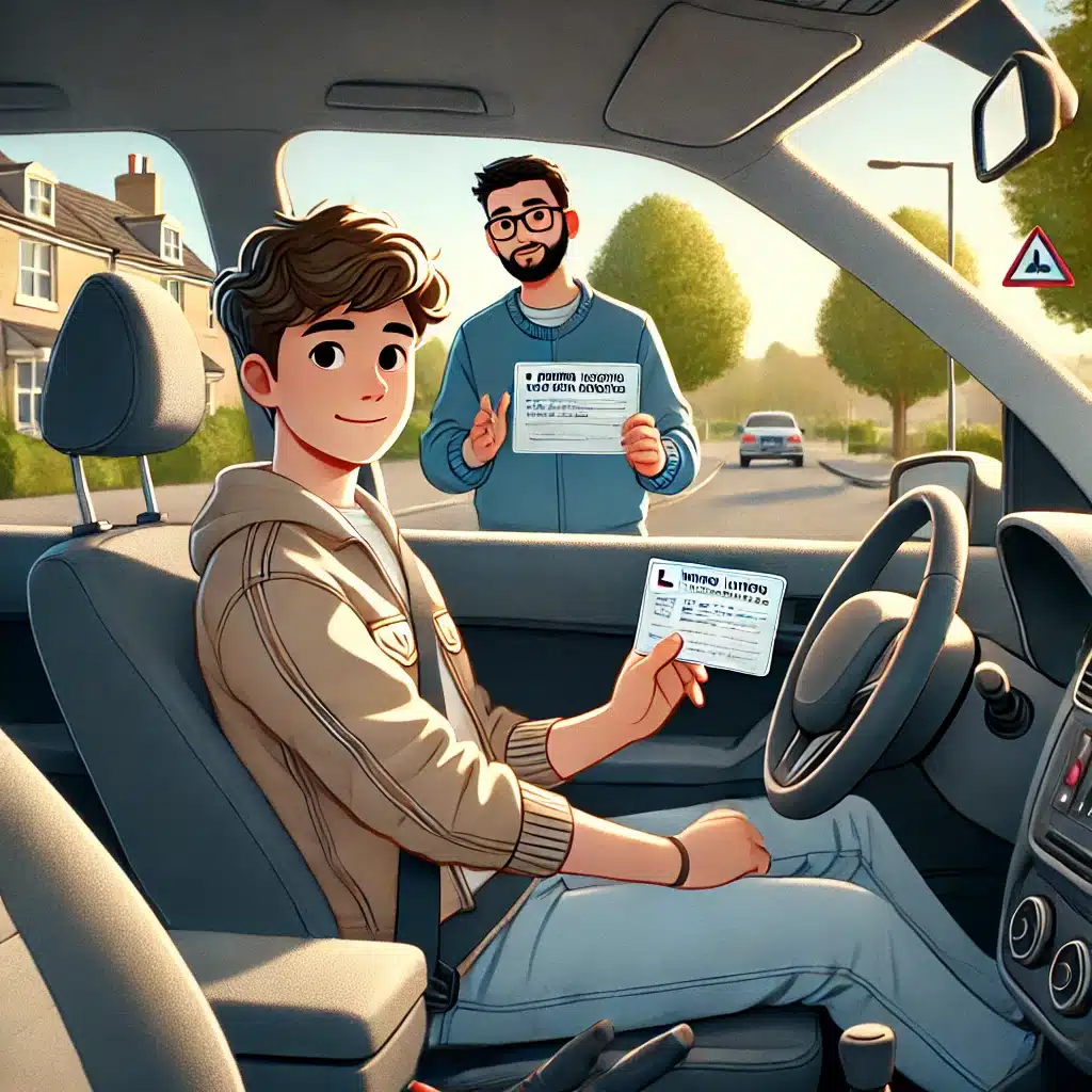 A young man with brown hair sits in a car holding a driver's license, smiling. A bearded instructor stands outside, also holding a license. They're on a suburban street with houses and trees, and a warning sign is visible.