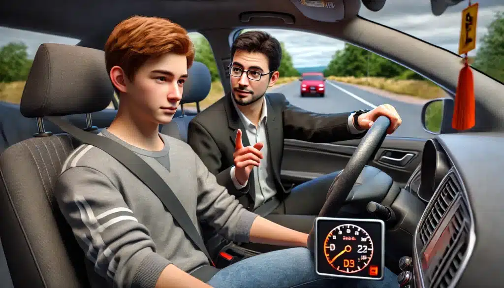 A driving instructor guides a student in a car on a highway. The student is focused on driving, while the instructor gestures with one hand. Road scenery is visible through the windshield, and a red car is in the distance.