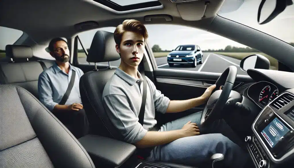 A young man drives a car focused on the road ahead, while an older man sits in the back seat looking out the window. The interior features a modern design, with a view of another car on the road seen through the windshield.