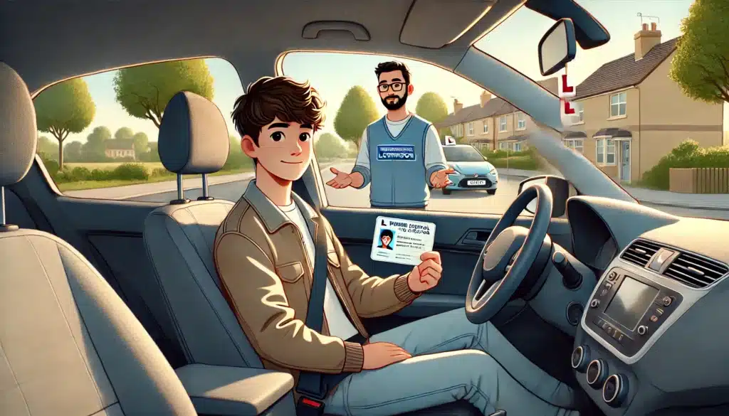 Illustration of a young man sitting in a car holding a driver's license, smiling. A driving instructor stands outside near the car, gesturing approval. The scene is set on a sunny day in a suburban neighborhood with houses and trees in the background.