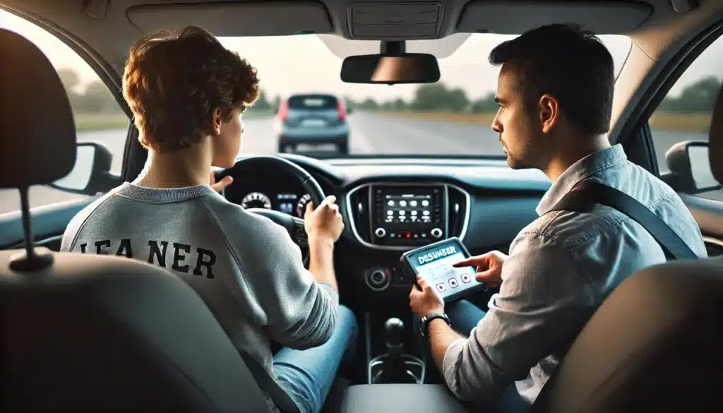 A young driver with a "LEARNER" label on their shirt is driving a car. An instructor sits beside them, checking a tablet. The view is from the back seat, showing a clear road through the windshield.