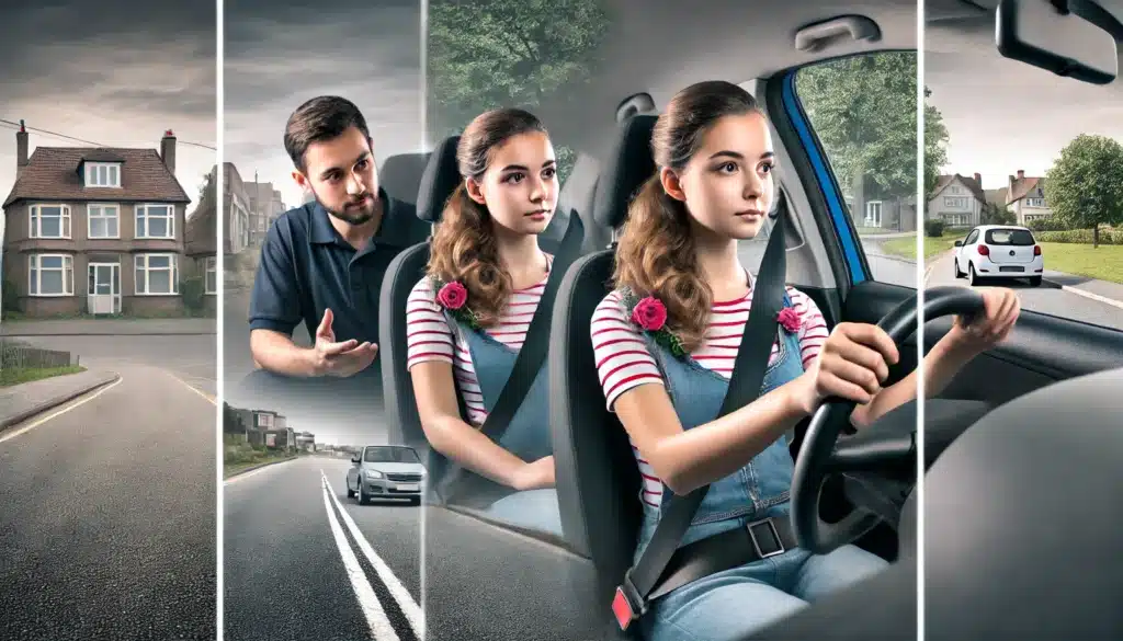 A driving instructor sits next to a young woman learning to drive. The car is on a suburban street with houses and trees. The scene is split into sections, emphasizing the learner's focus and the instructor's guidance.